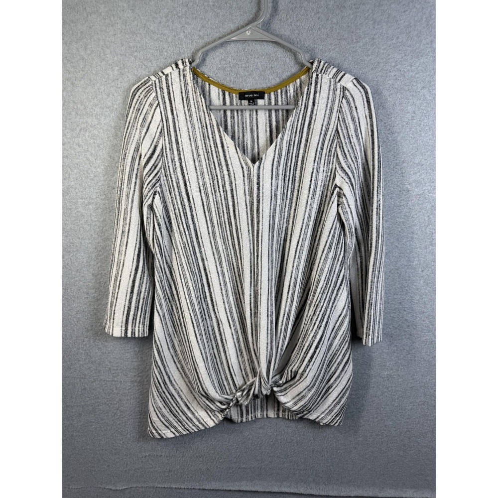 Verve Ami Blouse Womens Medium White Black Striped Twist Front 3/4 Sleeve Top